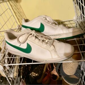 Nike white leather sneakers, green swoosh, 9W